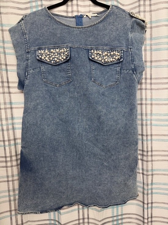 Pastels Dresses & Skirts - Pastels Blue Pearl-Embellished Denim Shift Dress